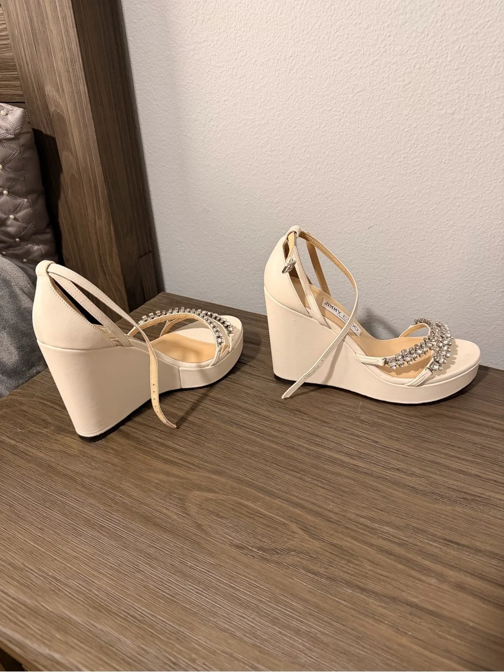 Jimmy Choo Bing Wedges in Latte/Crystal, Size 39 EU, Size 9 US, worn once